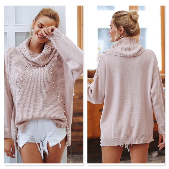 Pearl Beading Oversized Pink Sweater Cowl Neck - Picture 5 of 8